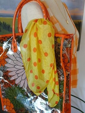 Mod Yellow Silk Scarf With Orange Polka Dot Print 21" Square